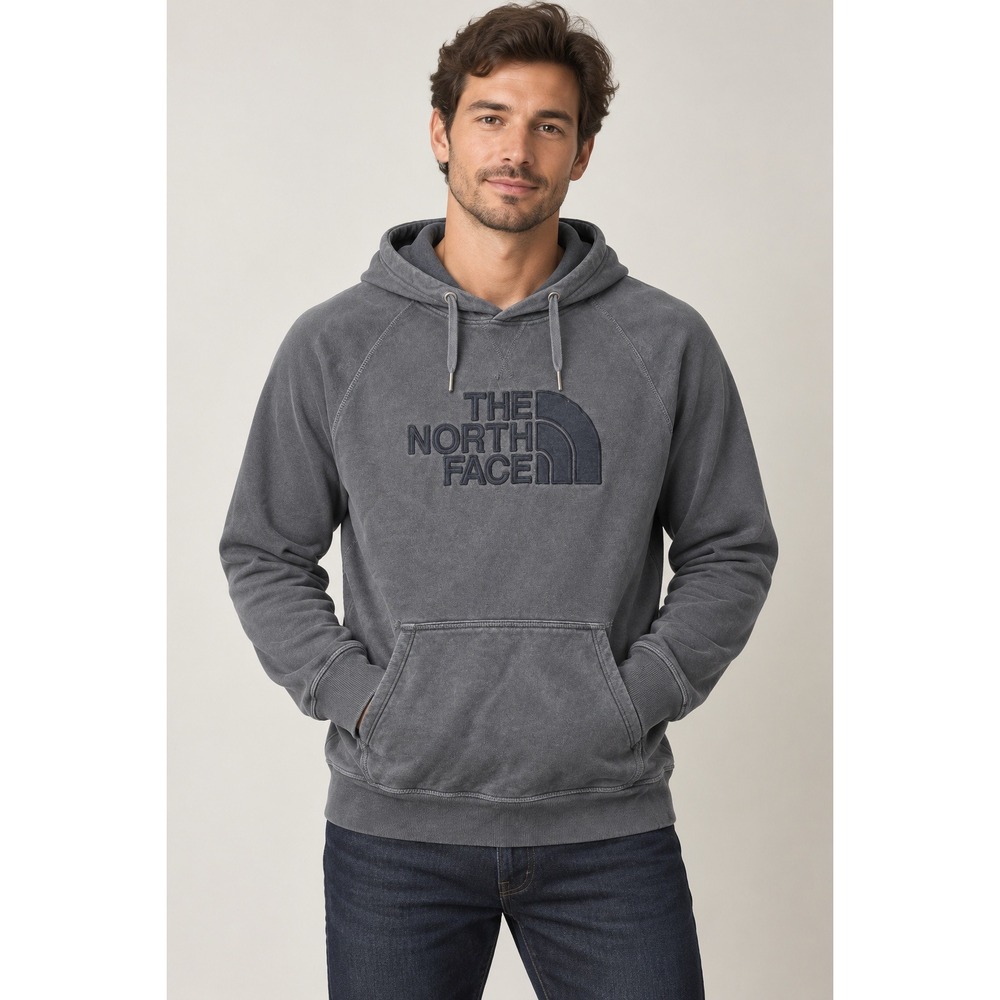 The North Face Hoodie Mens Small Gray Embroidered Logo Pullover Sweatshirt Y2K